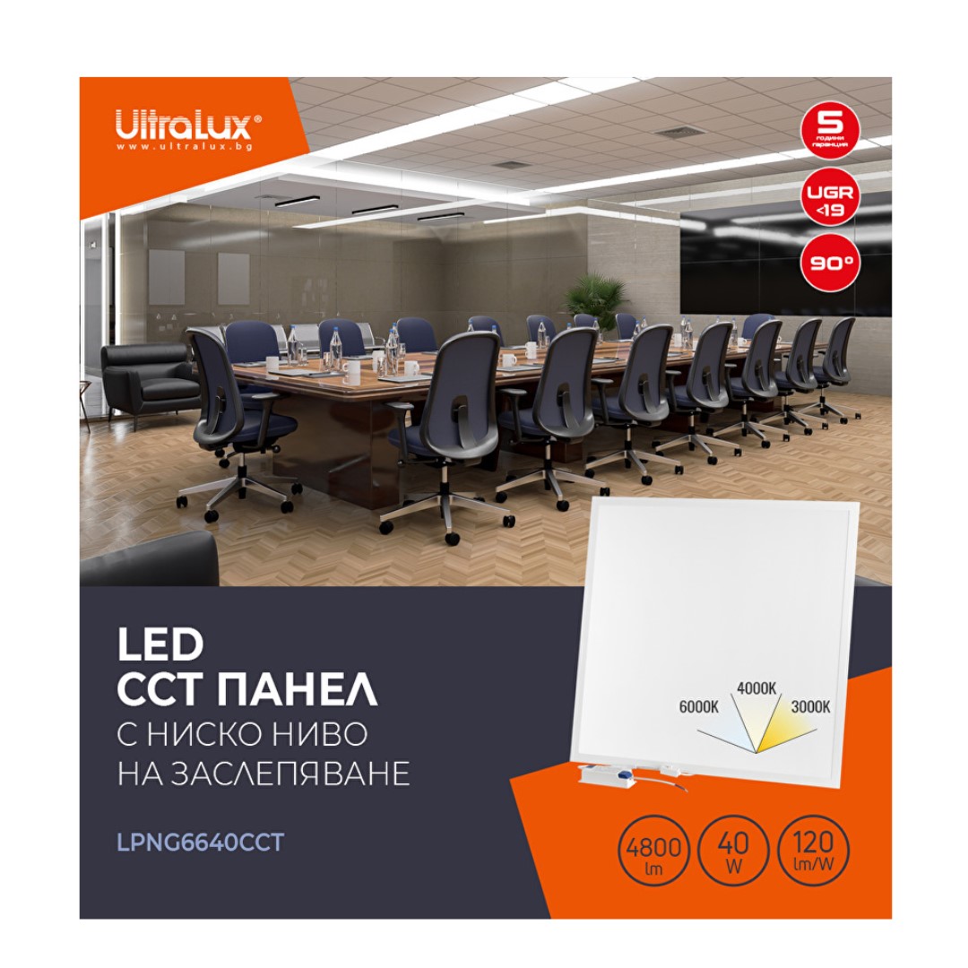 LED панел с ниско ниво на заслепяване UGR<19 600x600 mm, 40W, 3000K/4000K/6000K, 120lm/W, 220V-240V AC, IP44