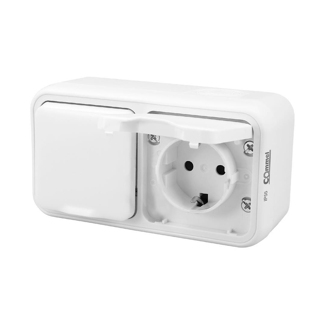 Контакт шуко ДВОЕН за открит монтаж IP55 цвят Бял Bura Commel