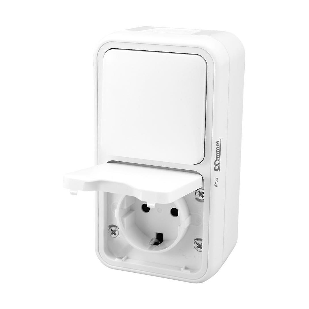 Контакт шуко + девиаторен ключ за открит монтаж IP55 цвят Бял Bura Commel
