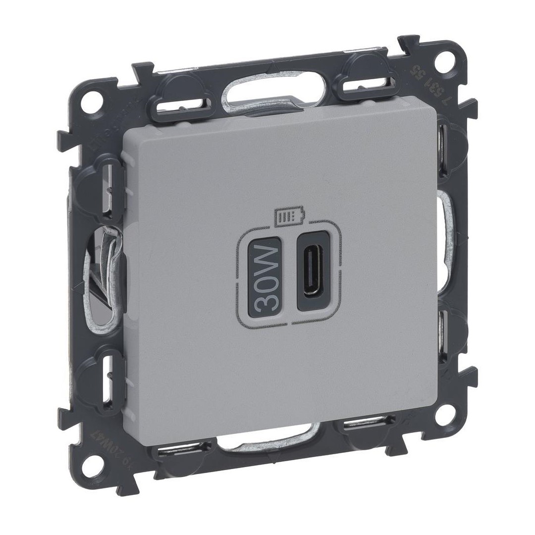 Розетка USB за зареждане тип C Power Delivery 30W цвят Алуминий Valena Life Legrand