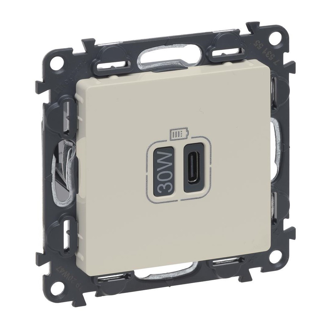 Розетка USB за зареждане тип C Power Delivery 30W цвят крем Valena Life Legrand