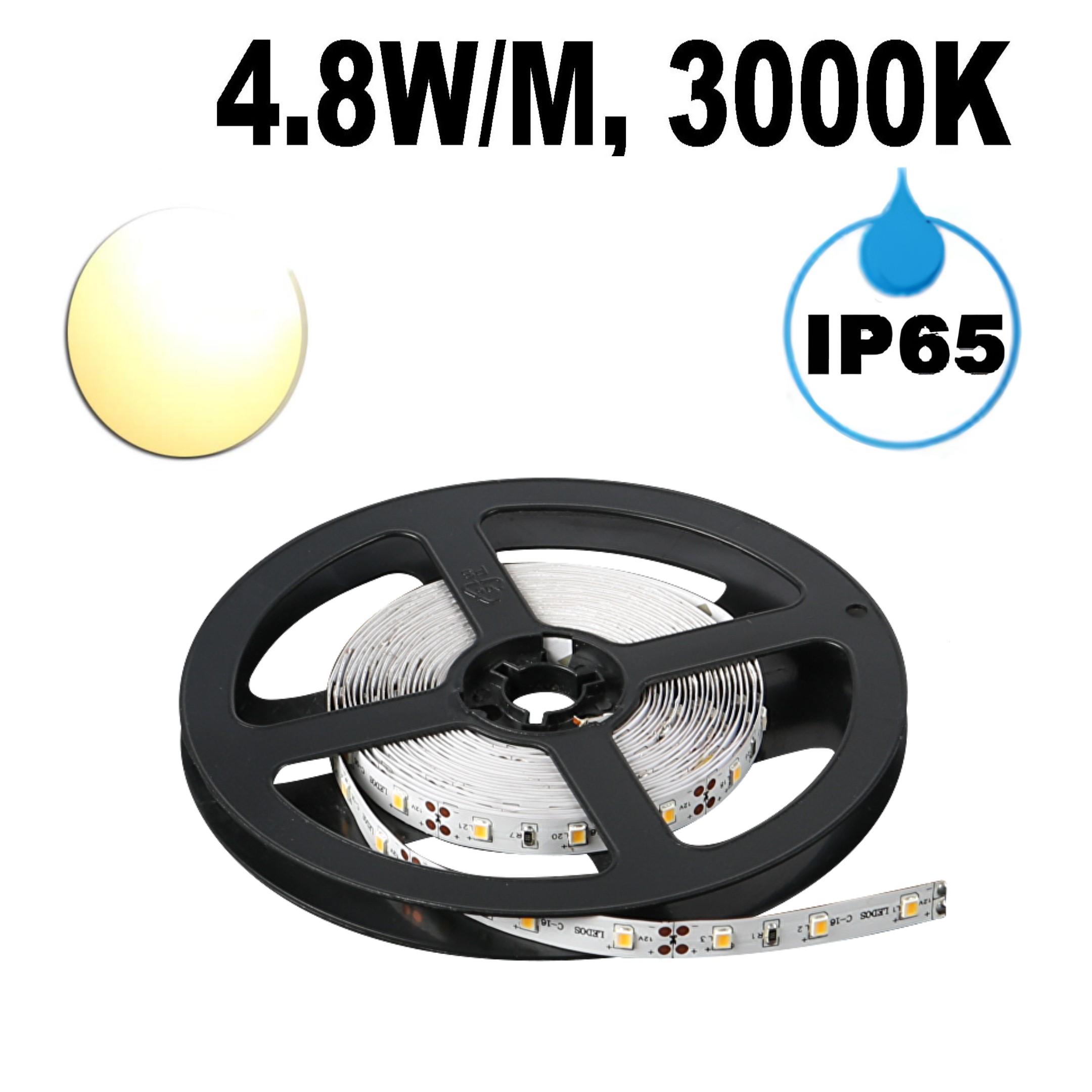 LED лента, 4.8W/m, 3000K, 12V DC, SMD2835, 60 LEDs/m, IP65