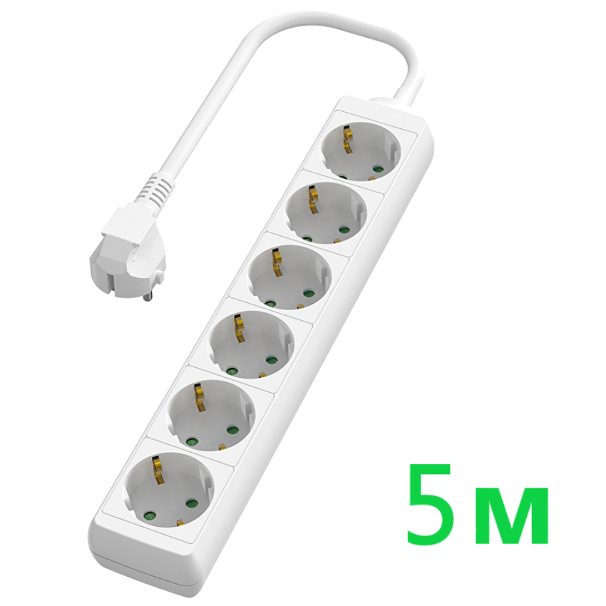 Разклонител с 6 Шуко гнезда, 5 метра, бял