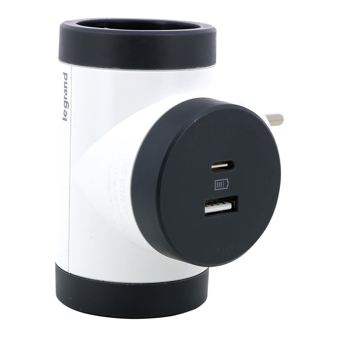 Адаптер за контакт 2х Шуко Т-образен въртящ с USB A+C бял NEW Legrand