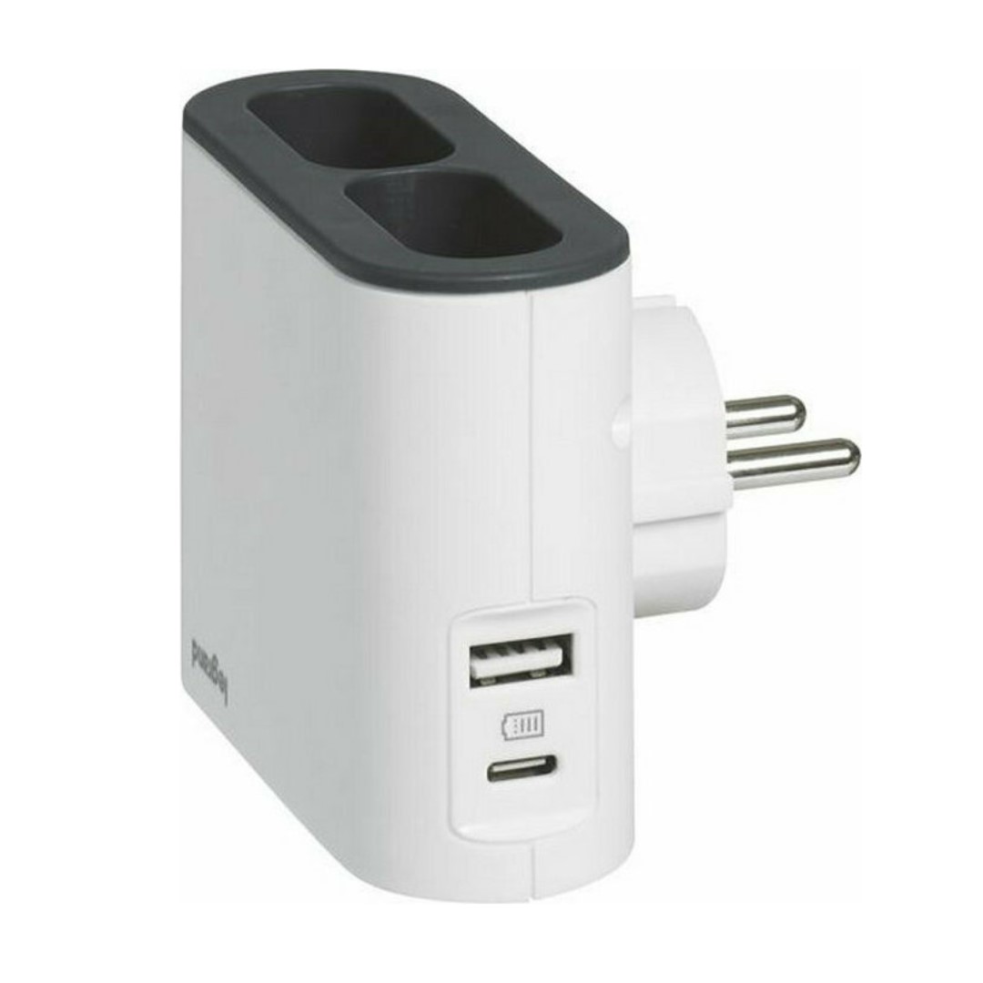 Адаптер за контакт плосък 2х Евро контакт 6A и USB A+C NEW Legrand