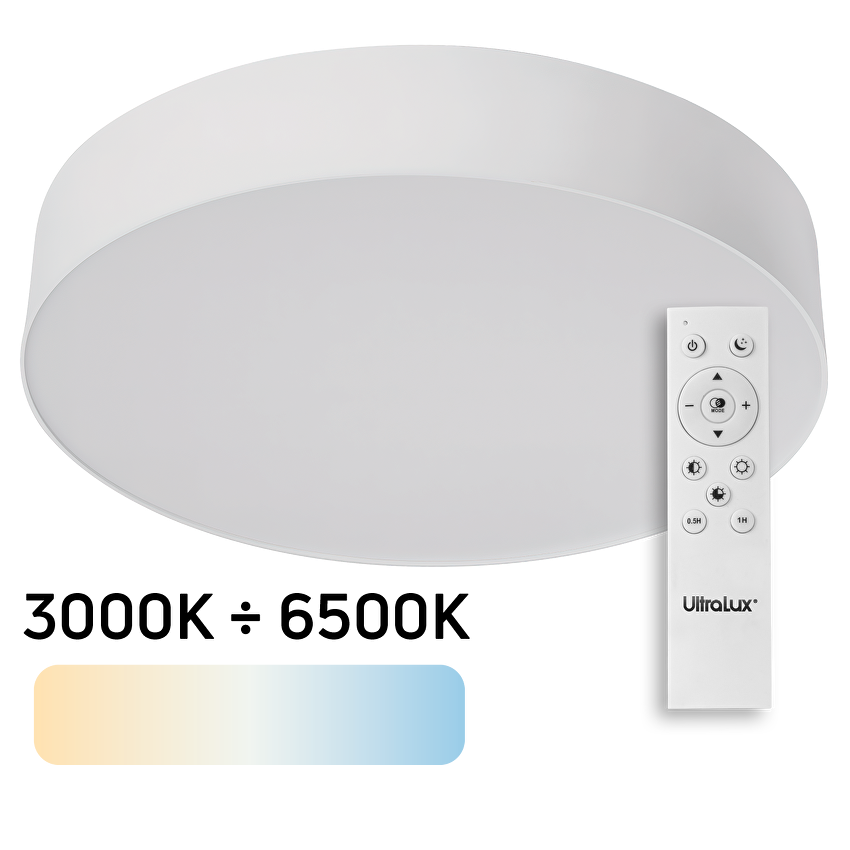LED Димираща CCT плафониера с дистанционно управление, Бяла, max. 72W, 3000K-6500К, 220-240V AC, Кръг, IP20