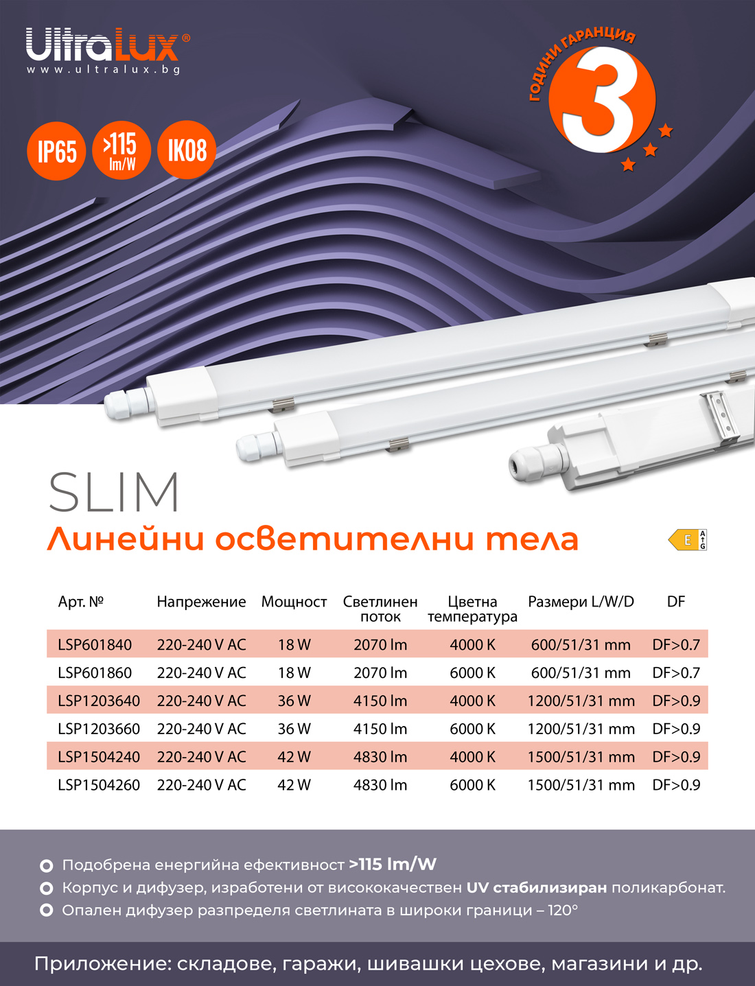 LED SLIM ЛИНЕЙНО ОСВЕТИТЕЛНО ТЯЛО 1.2M, IK08, 36W, 4000K, 220-240V AC, IP65