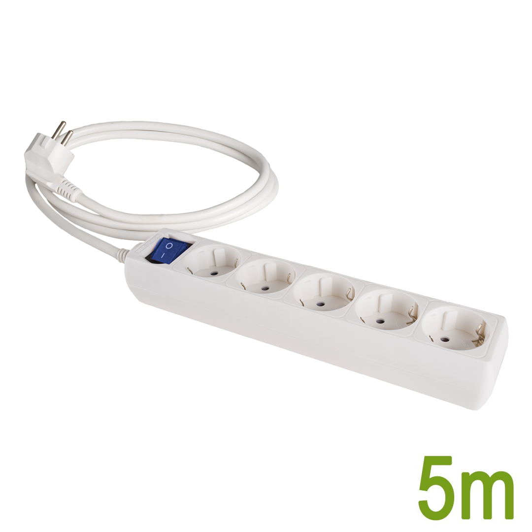 Разклонител с 5 гнезда и светлинен ключ, 250V∼, 16A, кабел 5м