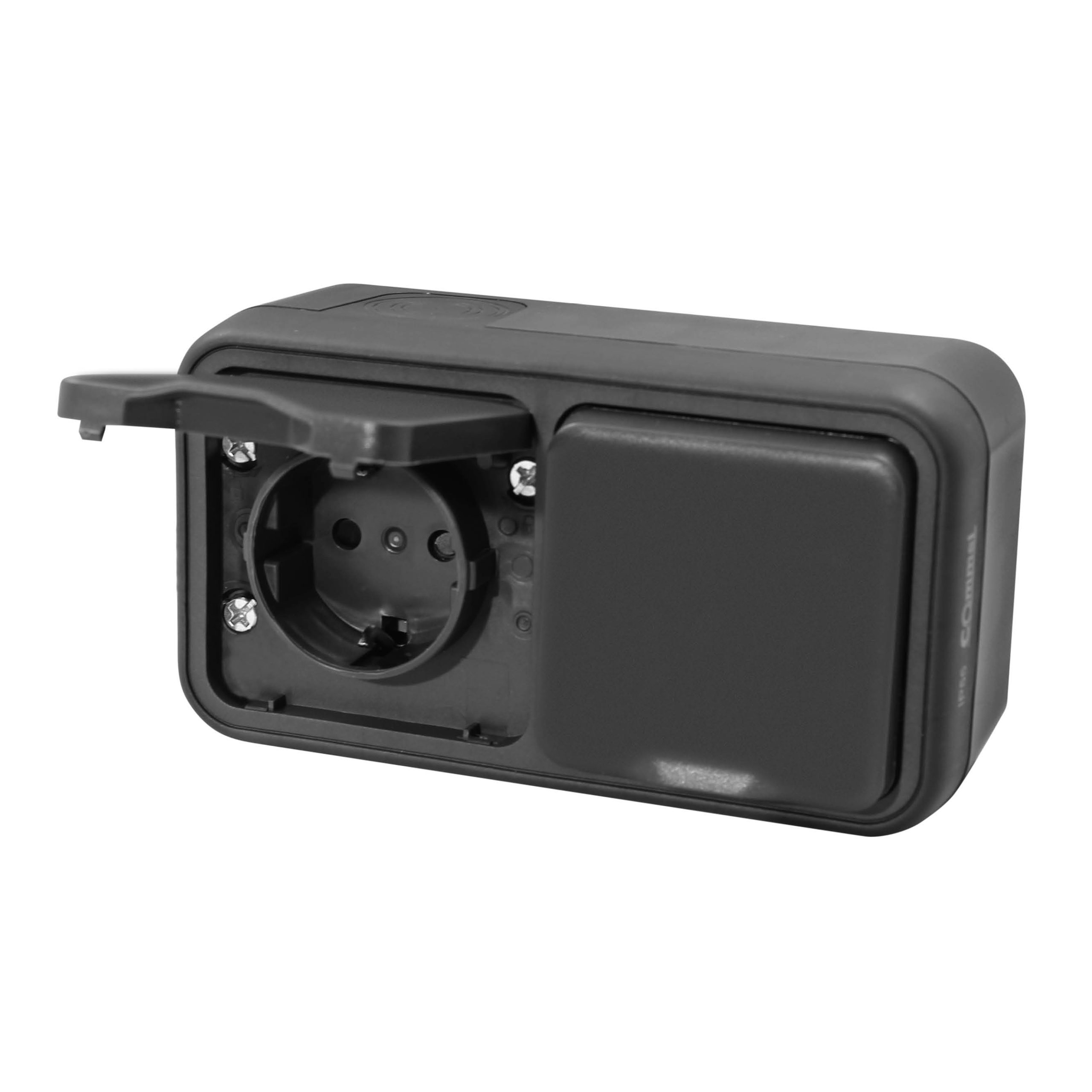 Контакт шуко ДВОЕН за открит монтаж IP55 цвят Антрацит Commel