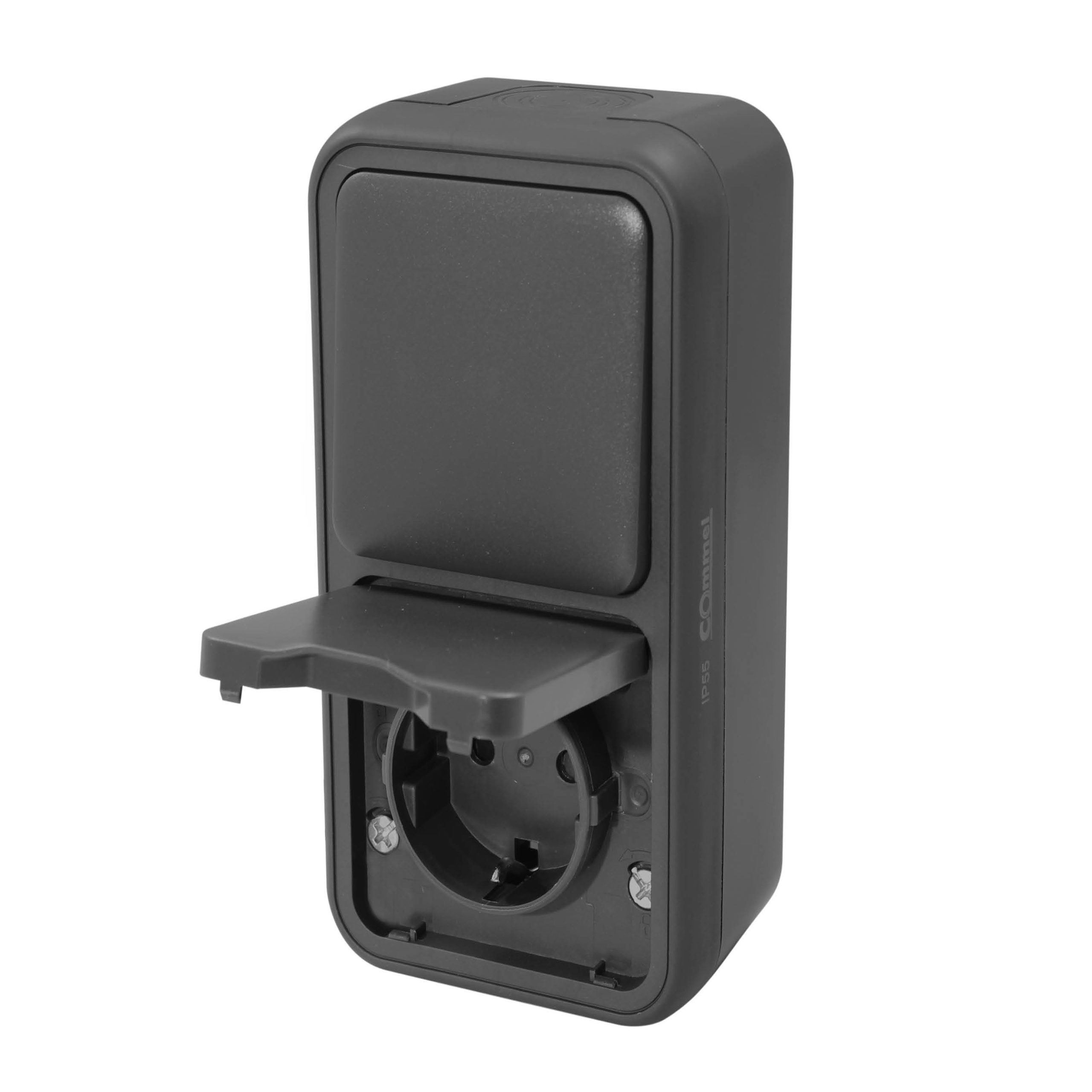 Контакт шуко + еднополюсен ключ за открит монтаж IP55 цвят Антрацит Commel