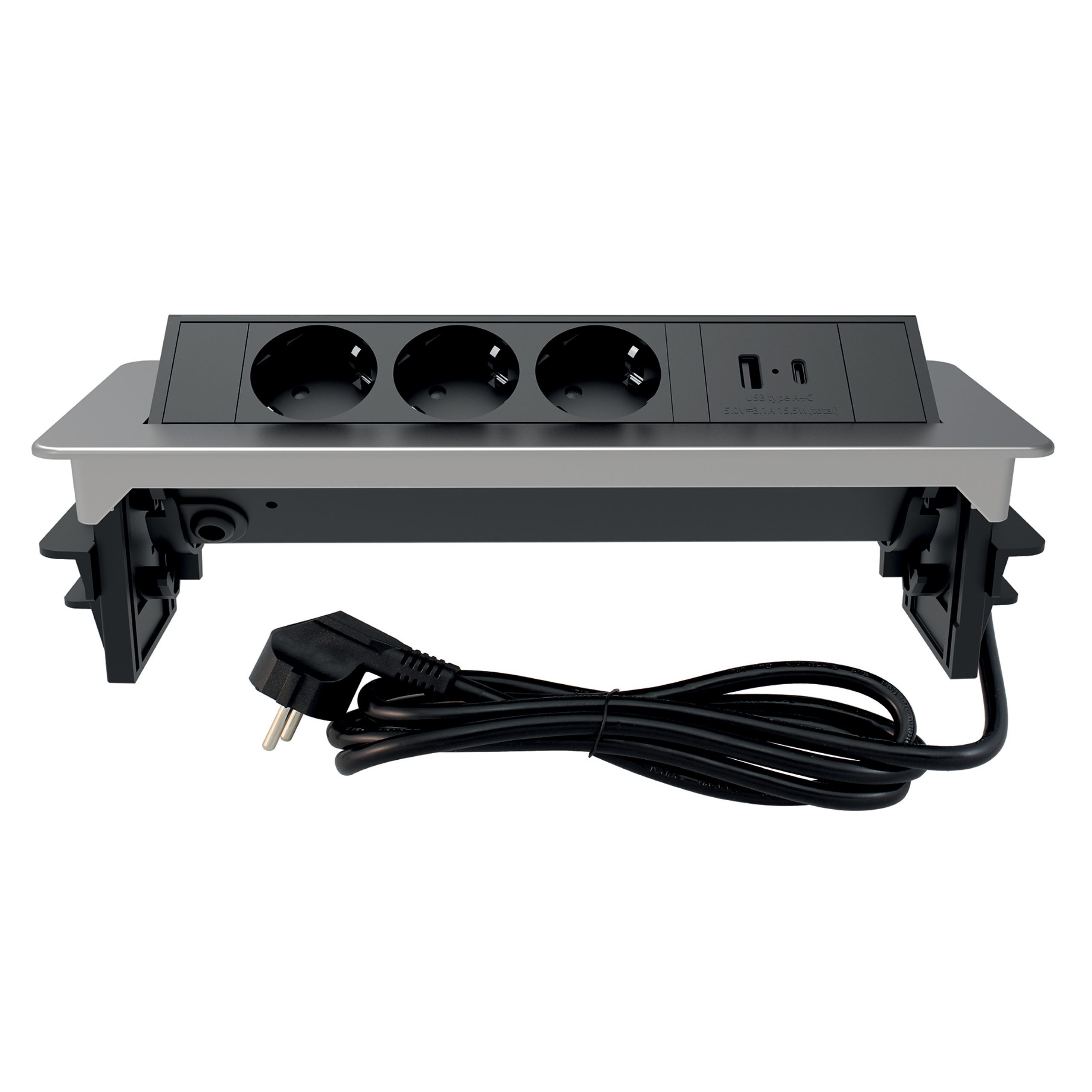 Мебелна кутия Pop-Up, С контакти 3х шуко, 2х USB тип A+C, кабел 2m, цвят Инокс, Commel