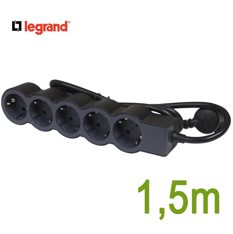 Разклонител ЧЕРЕН 5x2P+E с кабел 1.5 метра / 3×1.5мм2 Standard NEW Legrand