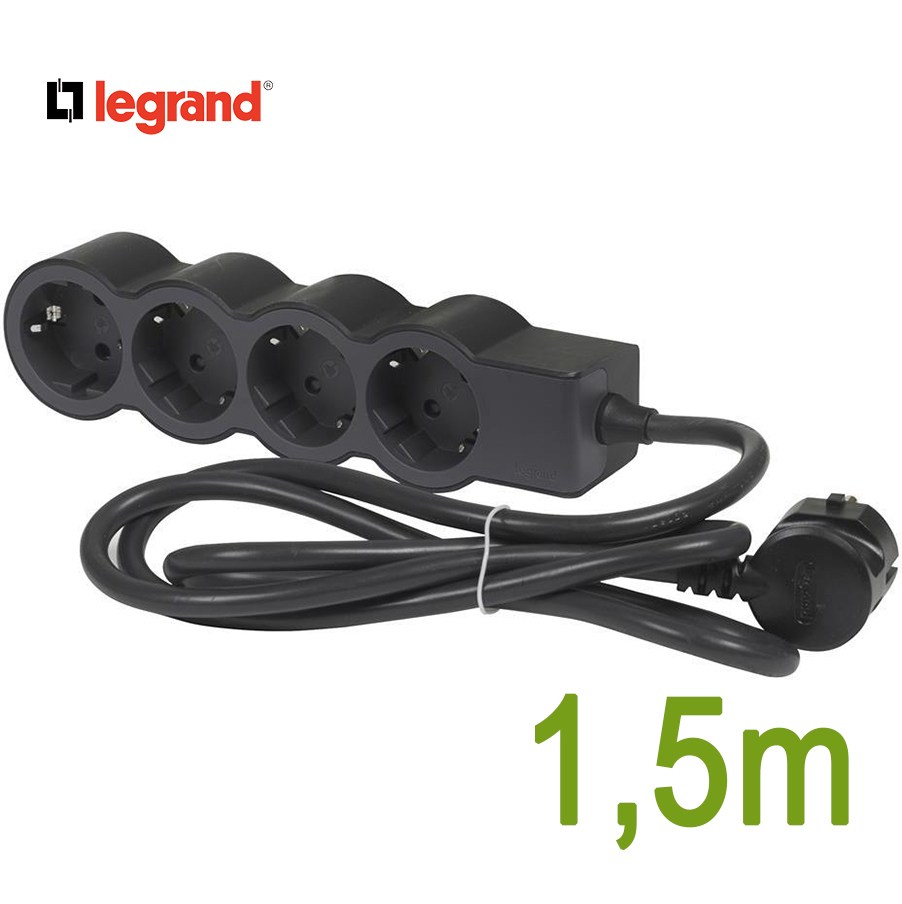 Разклонител ЧЕРЕН 4x2P+E с кабел 1.5 метра / 3×1.5мм2 Standard NEW Legrand