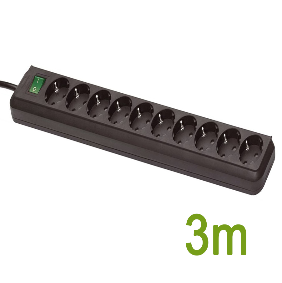 Разклонител с копче ЧЕРЕН 10x2P+E с кабел 3 метра / 1.5mm2 Eco-Line Brennenstuhl