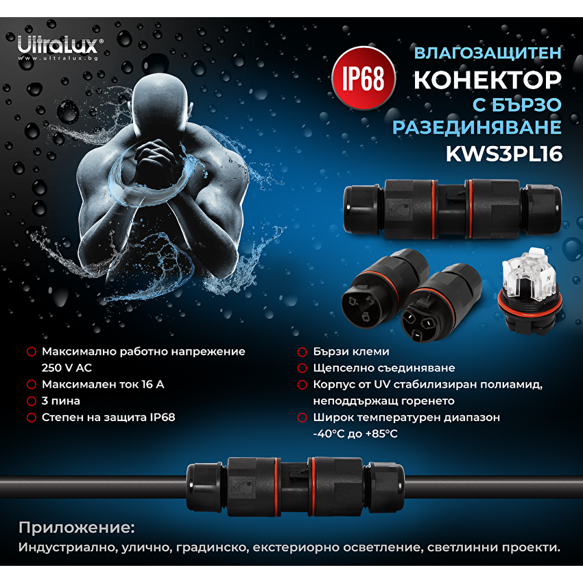 ВЛАГОЗАЩИТЕН РAЗЕДИНЯЕМ КОНЕКТОР L16, 3 ПИНА, 16А, IP68, 1 БР.