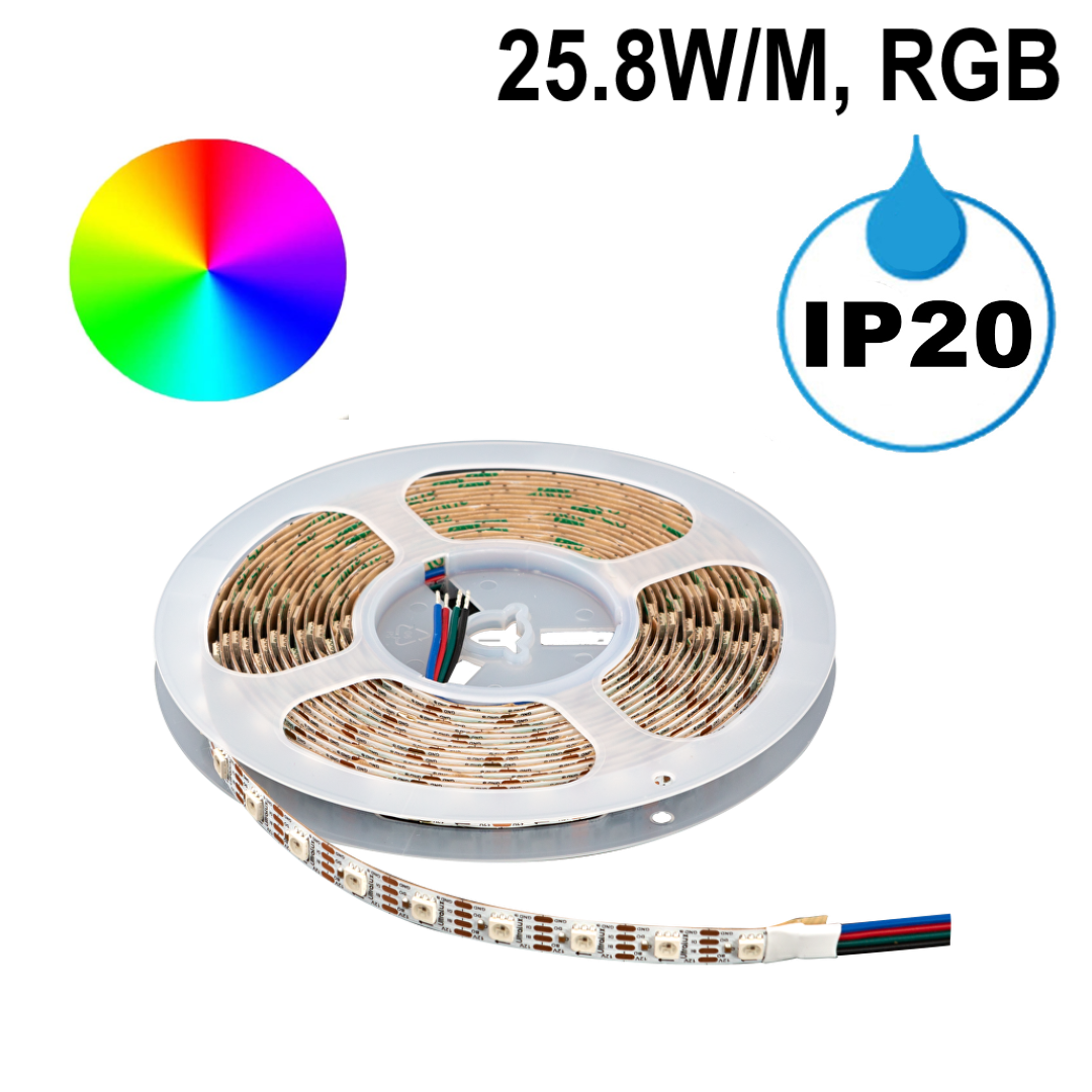 ДИГИТАЛНА RGB LED ЛЕНТА, 25.8W/M (0,43W/PIXEL), IC WS2815B, 12V DC, 60 PIXELS/M (60 LED/M), IP20, 5M