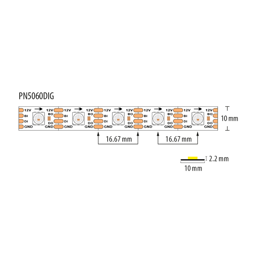 ДИГИТАЛНА RGB LED ЛЕНТА, 25.8W/M (0,43W/PIXEL), IC WS2815B, 12V DC, 60 PIXELS/M (60 LED/M), IP20, 5M