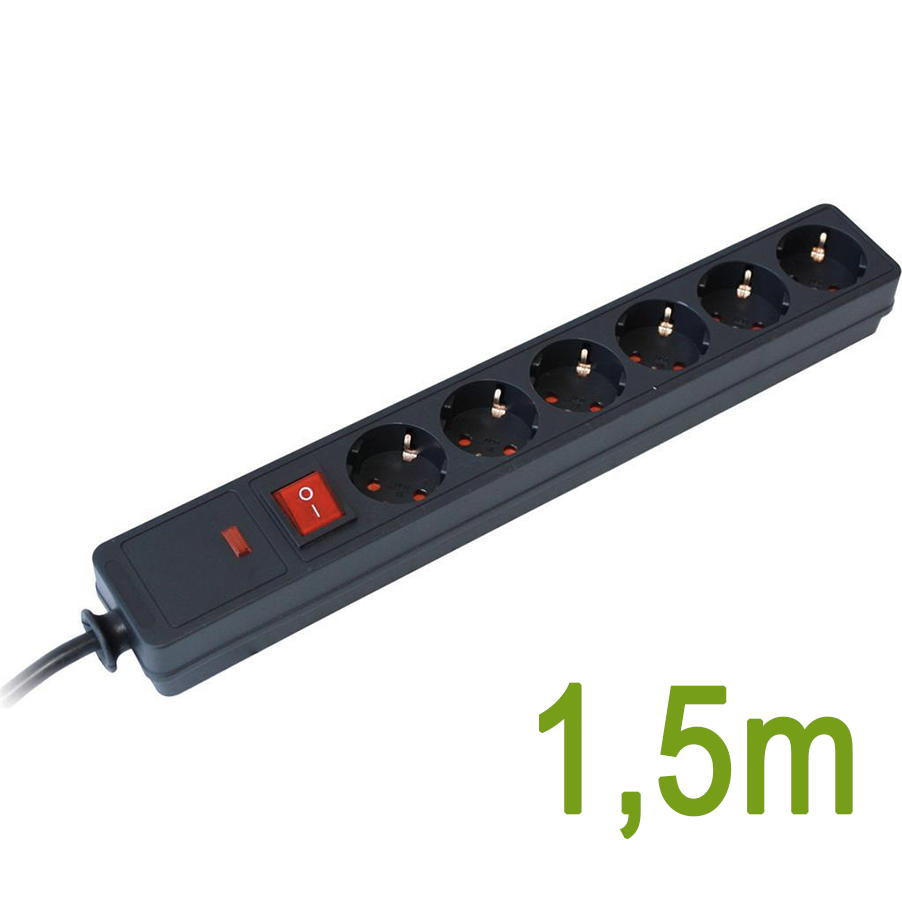 Разклонител с копче ЧЕРЕН 6x2P+E с гръмозащита с кабел 1.5 метра / 1.5mm2 Commel