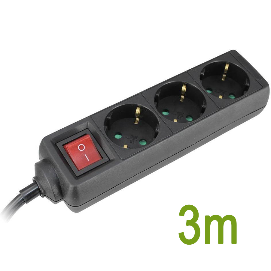 Разклонител с копче ЧЕРЕН 3x2P+E с кабел 3 метра / 1.5mm2 Commel