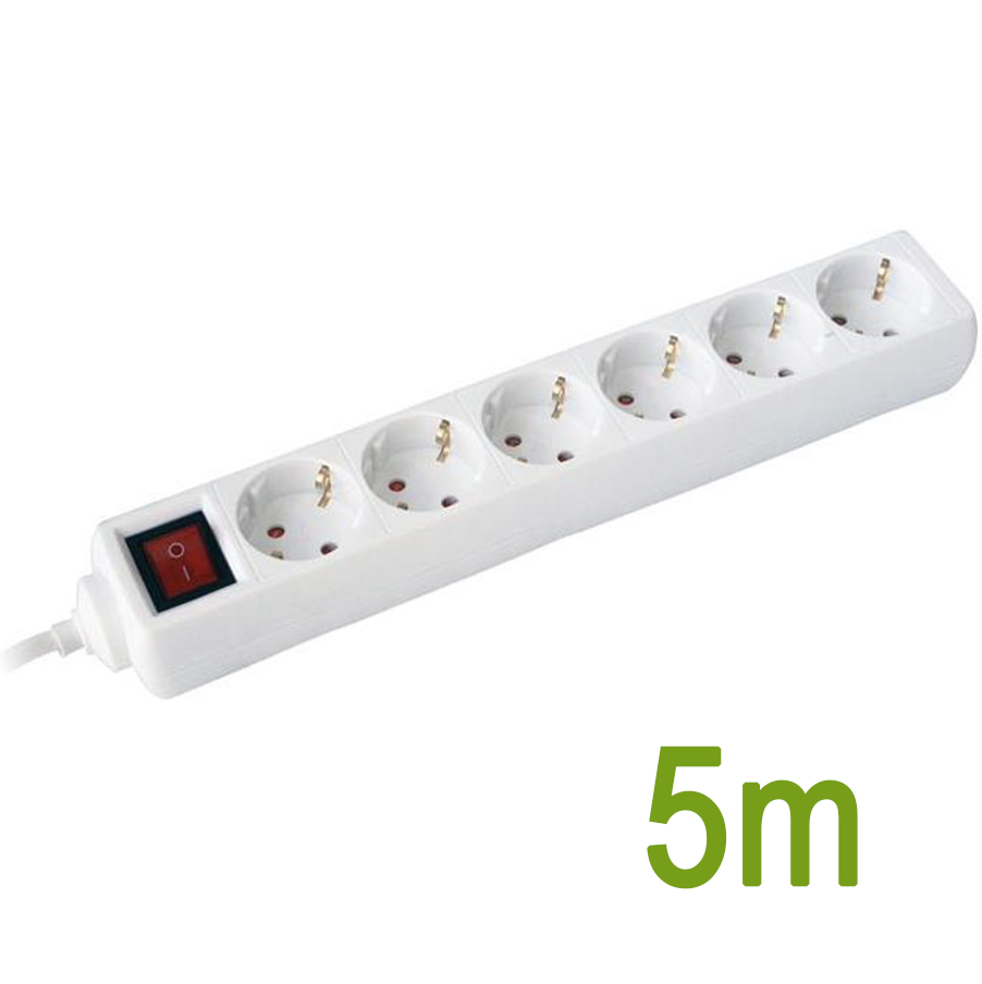 Разклонител с копче БЯЛ 6x2P+E с кабел 5 метра / 1.5mm2 Commel