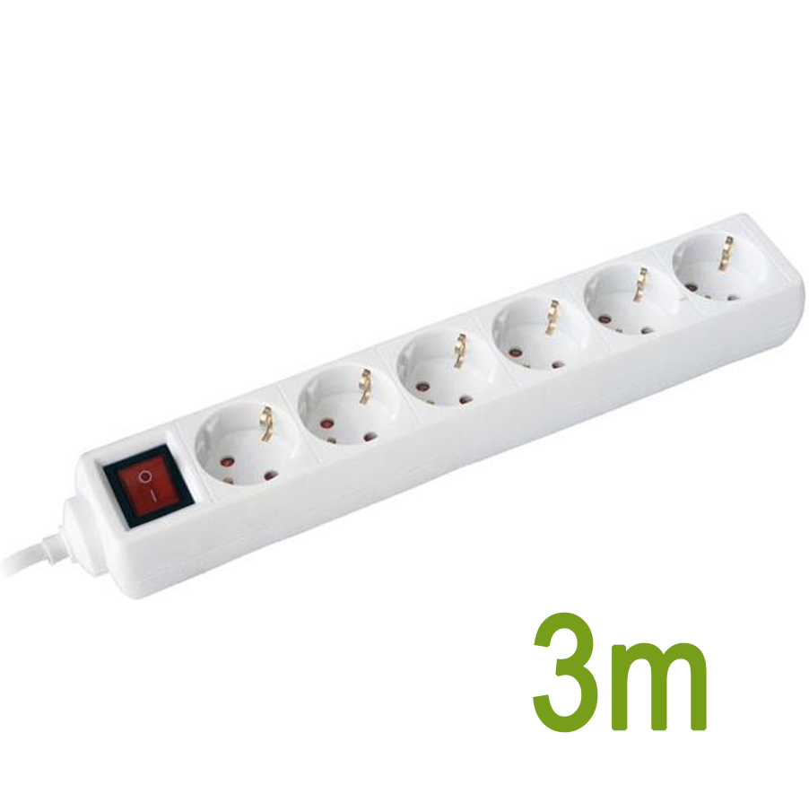 Разклонител с копче БЯЛ 6x2P+E с кабел 3 метра / 1.5mm2 Commel