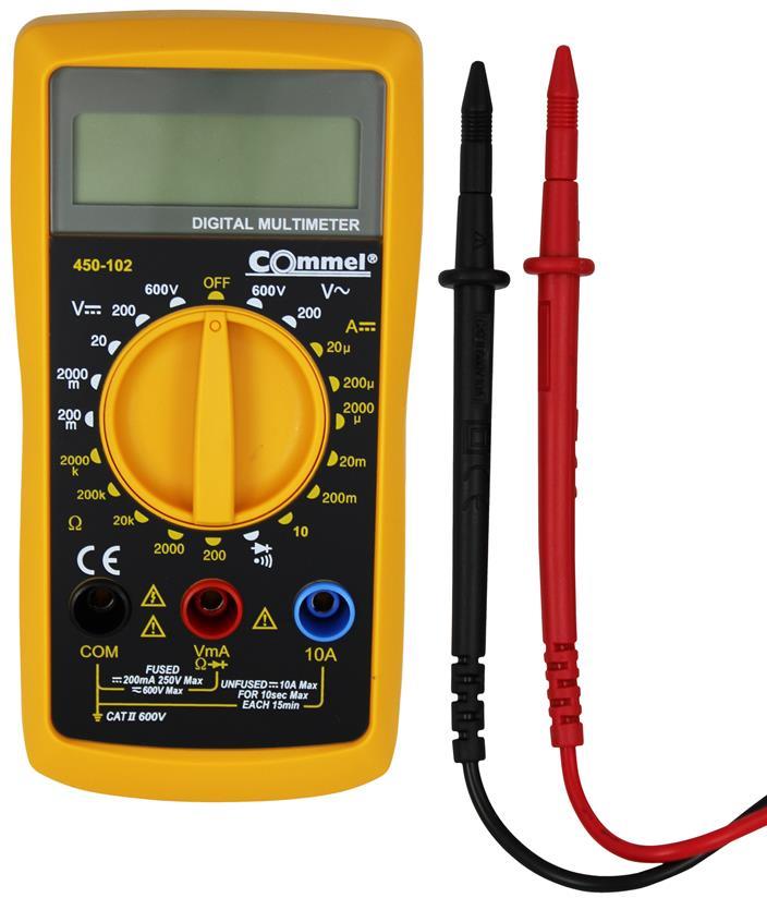Мултицет дигитален 300V жълт с 9V батерия и сонди/ Commel
