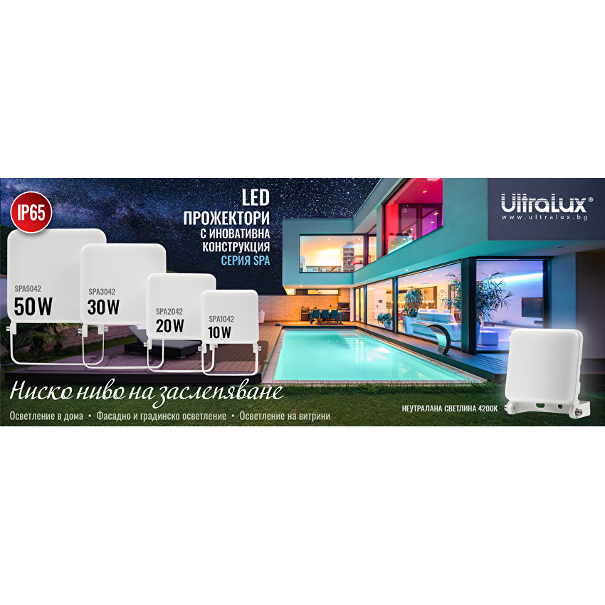 LED ПРОЖЕКТОР С НИСКО НИВО НА ЗАСЛЕПЯВАНЕ, БЯЛ КОРПУС, 20W, 4200K, 220V-240V AC, IP65