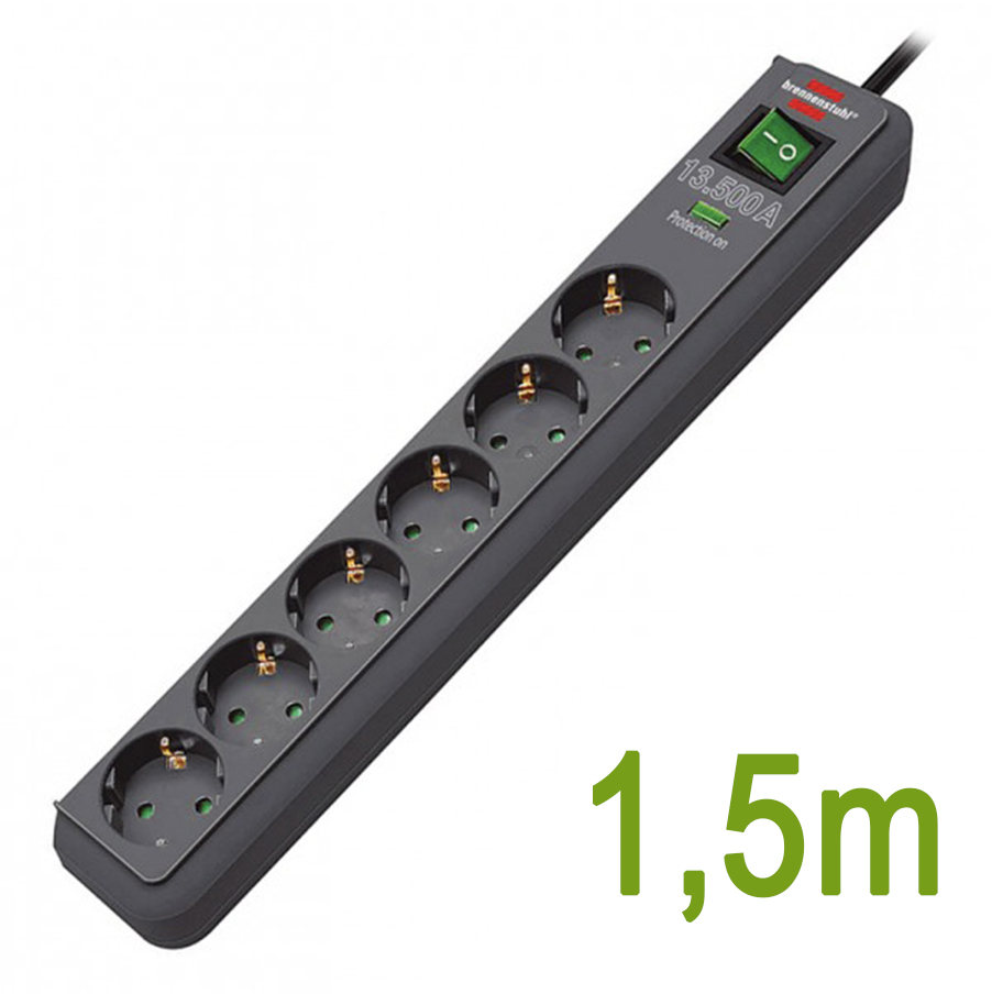 Разклонител със защита от пренапрежение Brennenstuhl Eco-line 6×1.5м, Черен, 13.5kA