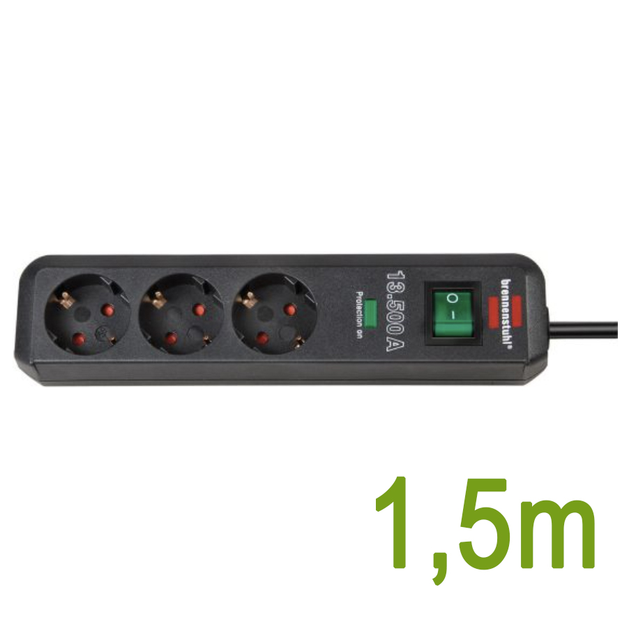 Разклонител със защита от пренапрежение Brennenstuhl Eco-line 3×1.5м, Троен, Черен, 13.5kA