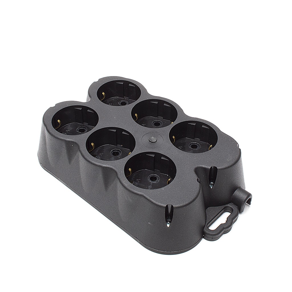 Разклонител с 6 гнезда, Гумен, 250V, 16A, Черен