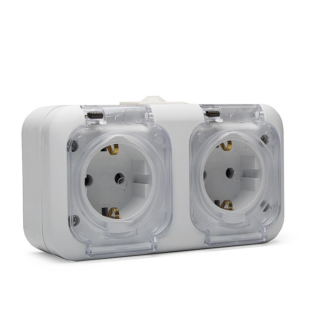 Контакт Двоен ЕВРО НК, ШУКО 2x2P+T, Бял, 16A, 250V, ПКОМ, IP44