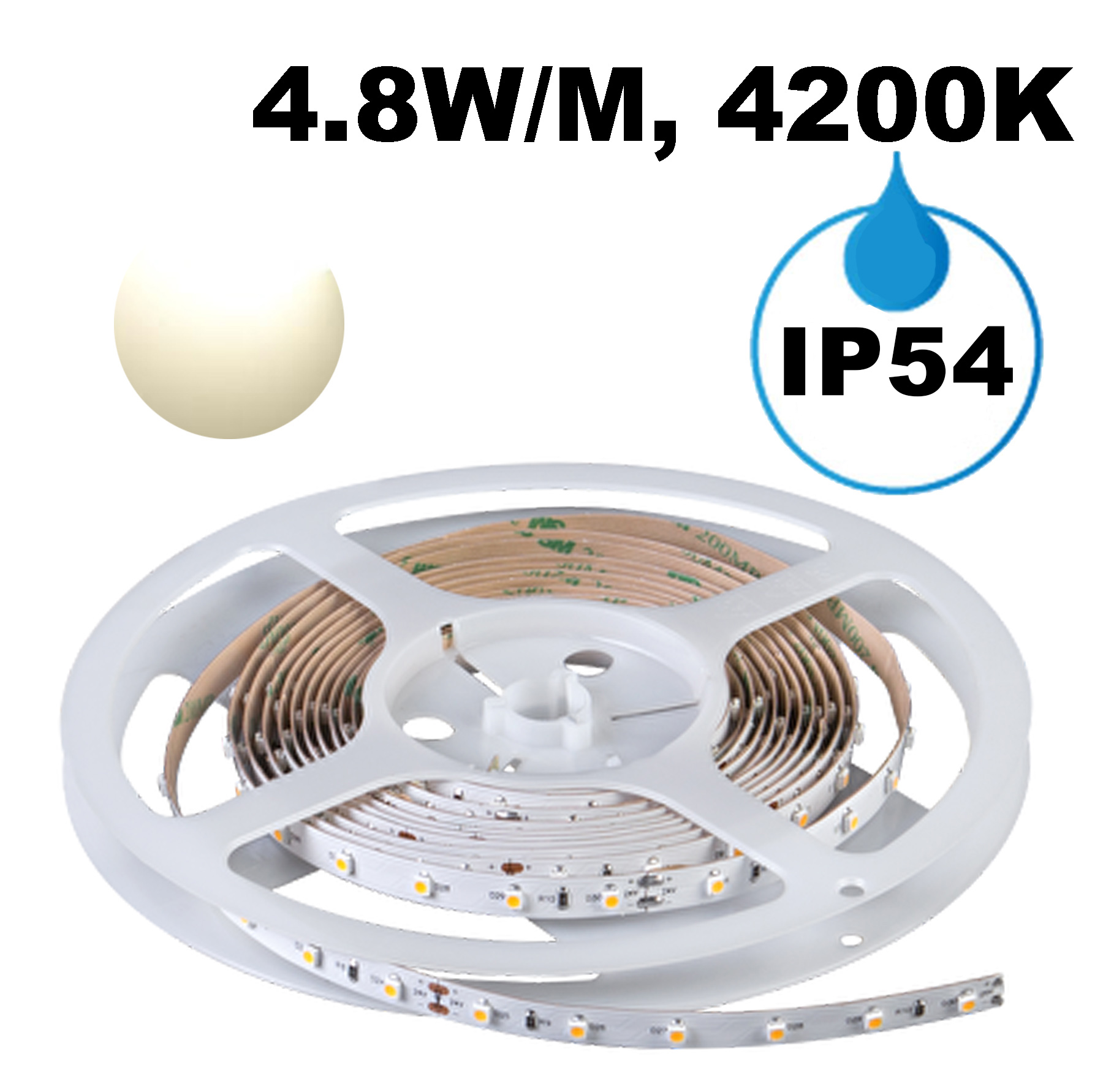 Професионална LED лента 4.8W/m, 5м, 4200K, 24V DC, Неутрално бяла светлина, Водоустойчива IP54, 60 LEDs/m, 24V DC, 120°, SMD 3528