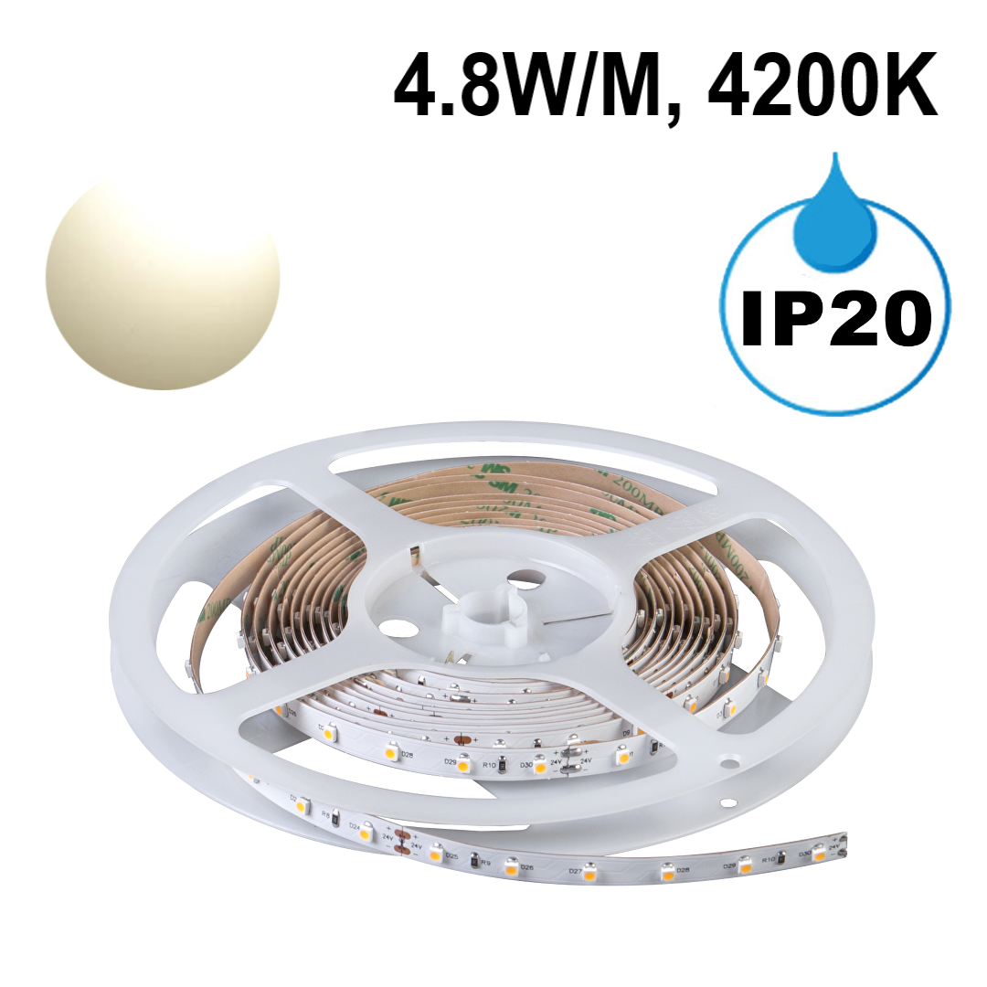 Професионална LED лента 4.8W/m, 5м, 4200K, 24V DC, Неутрално бяла светлина, Неводоустойчива, 60 LEDs/m, 24V DC, 120°, SMD 3528