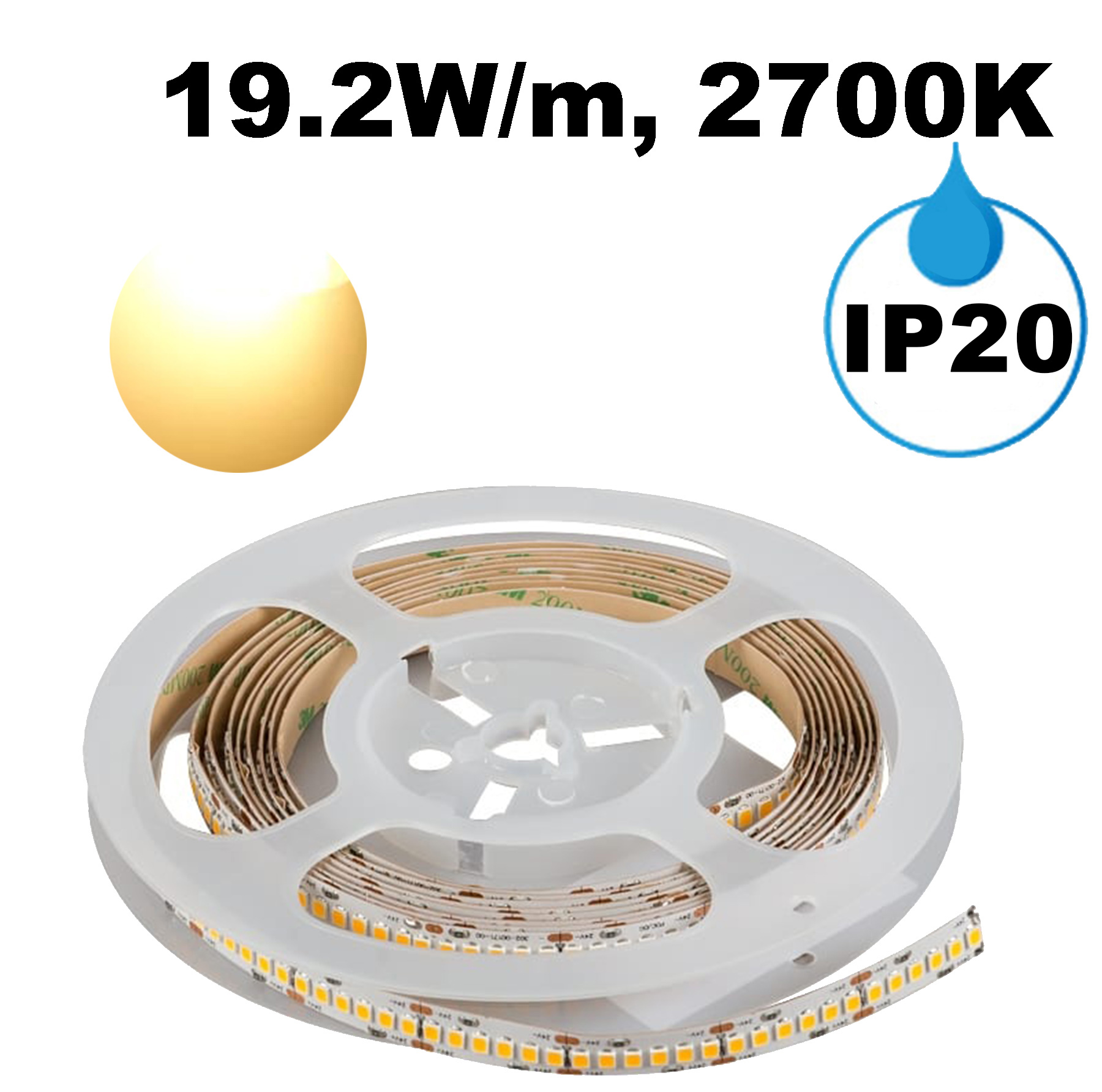 Професионална LED лента 19.2W/m, 5м, 2700K, 24V DC, Топло бяла светлина, Неводоустойчива, 240 LEDs/m, 120°, SMD 2835
