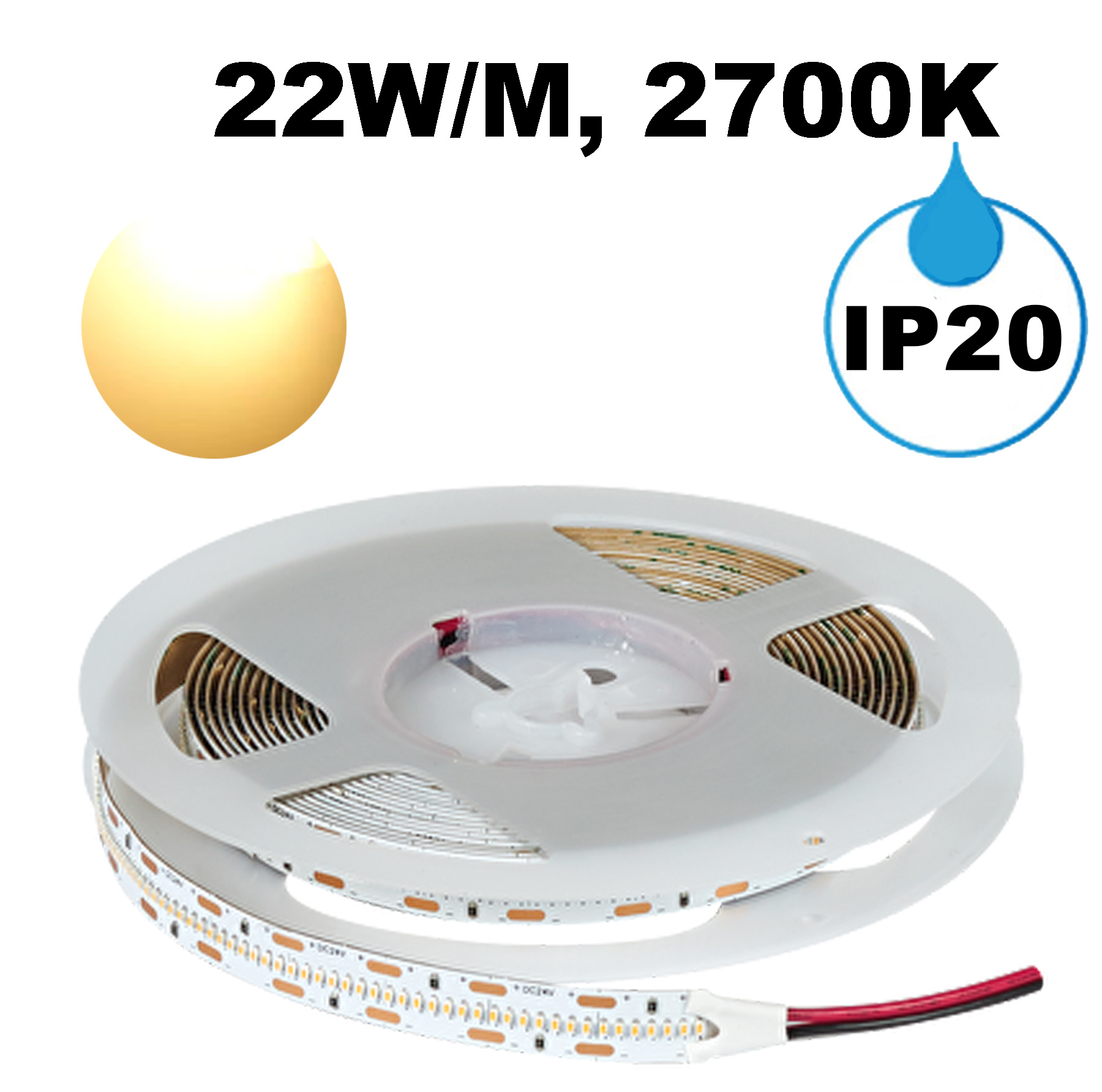 Професионална LED лента 22W/m, 5м, 2700K, 24V DC, Топло бяла светлина, Неводоустойчива, 420 LEDs/m, 120°, SMD 2110