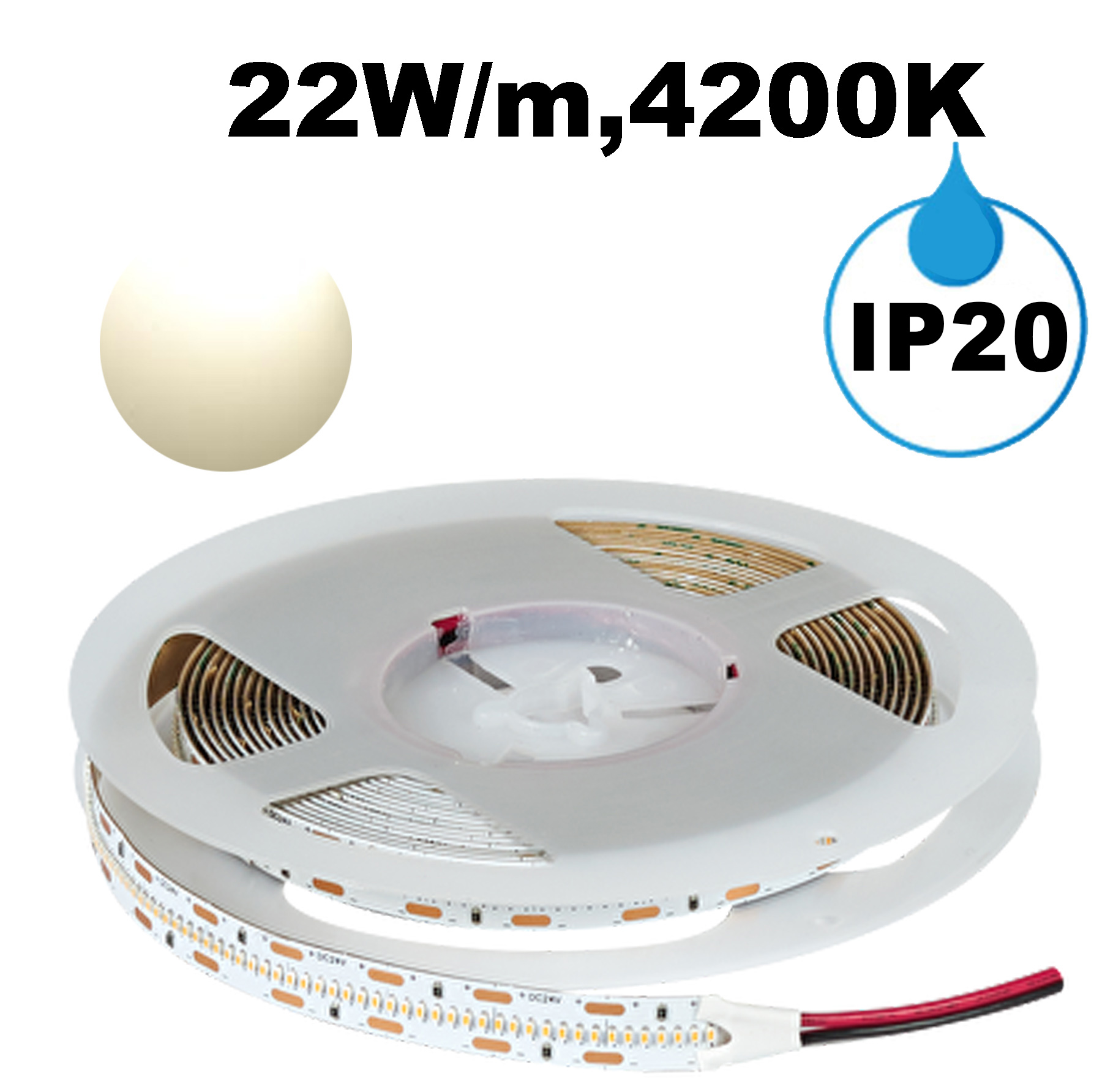 Професионална LED лента 22W/m, 5м, 4200K, 24V DC, Неутрално бяла светлина, Неводоустойчива, 420 LEDs/m, 120°, SMD 2110