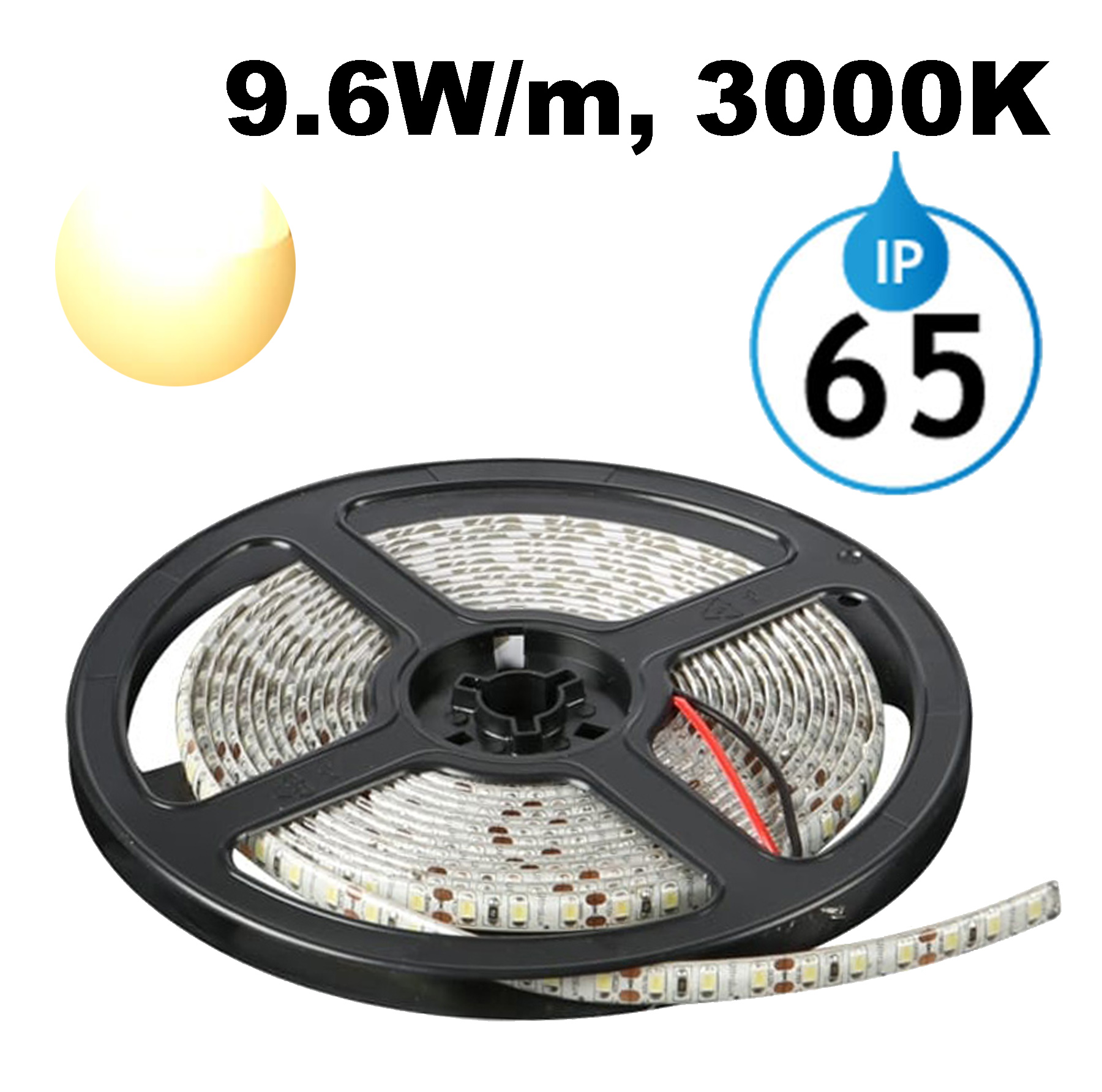 LED лента 9.6W/m, 3000K, 5м, 12V DC, Топло бяла светлина, Водоустойчива IP65, 120 LEDs/m, 120°, SMD 2835