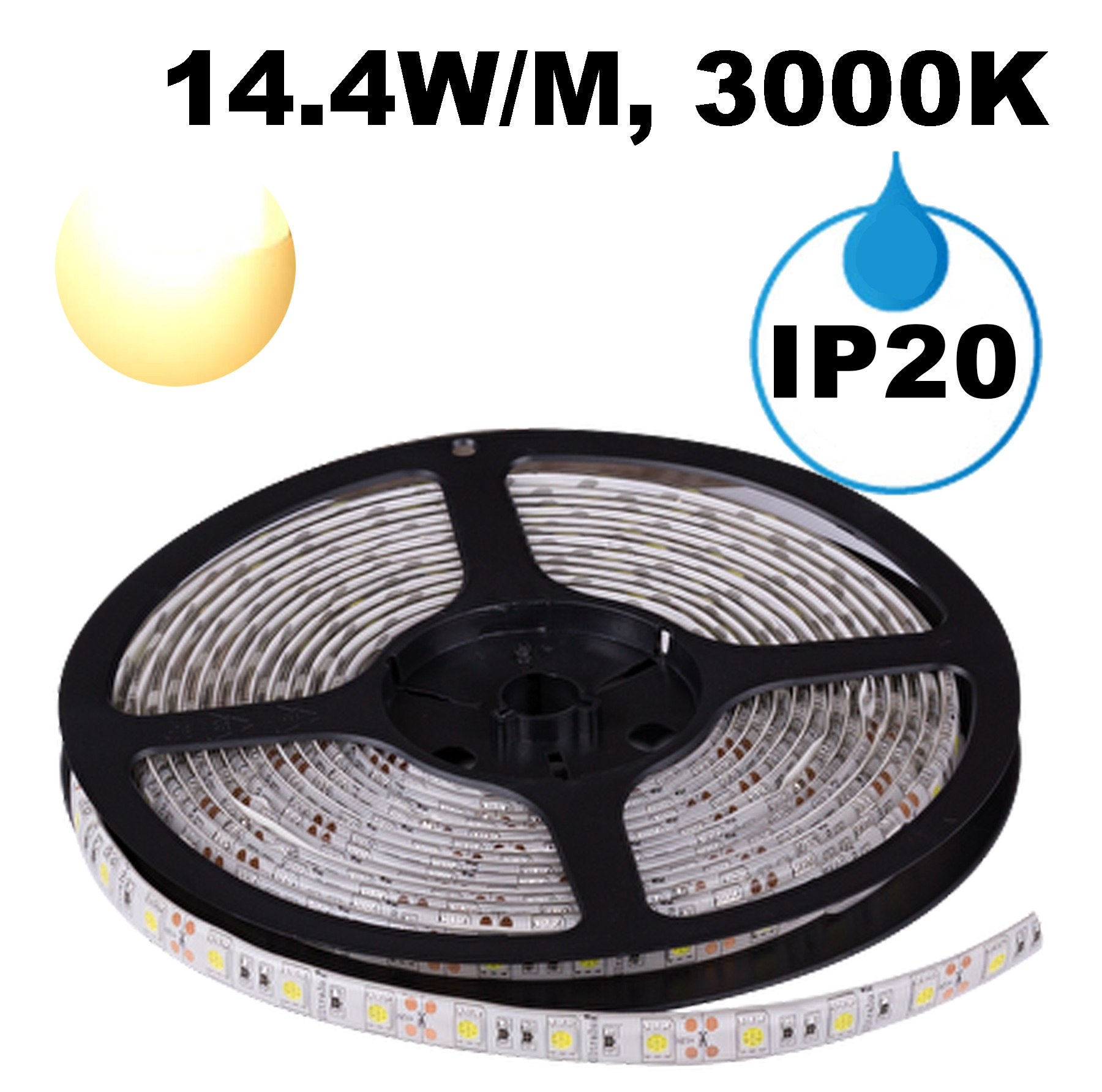 LED лента 14.4W/m, 3000K, 5м, 12V DC, Топло бяла светлина, Водоустойчива IP65, 60 LEDs/m, 120°, SMD 5050