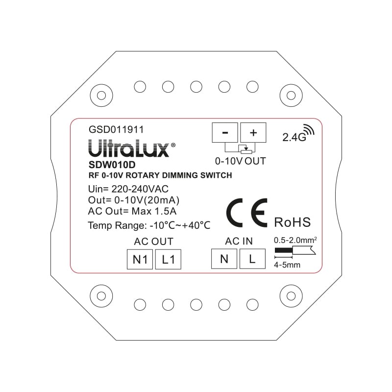 RF димиращ ключ за стена 350W, 0-10VDC, 1.5A, 220V-240V AC