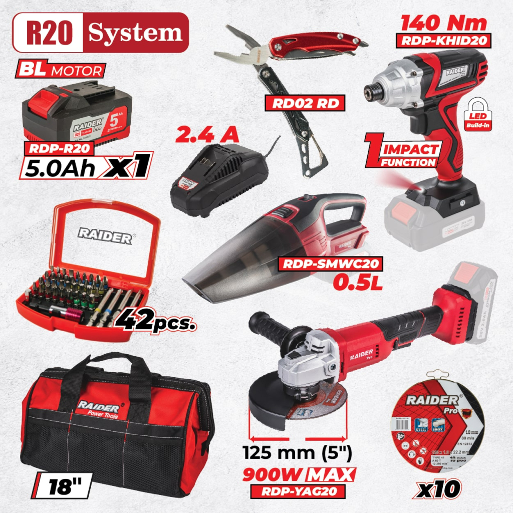 R20 Комплект 3 машини 5Ah + 4 чанта RDP-BXS3
