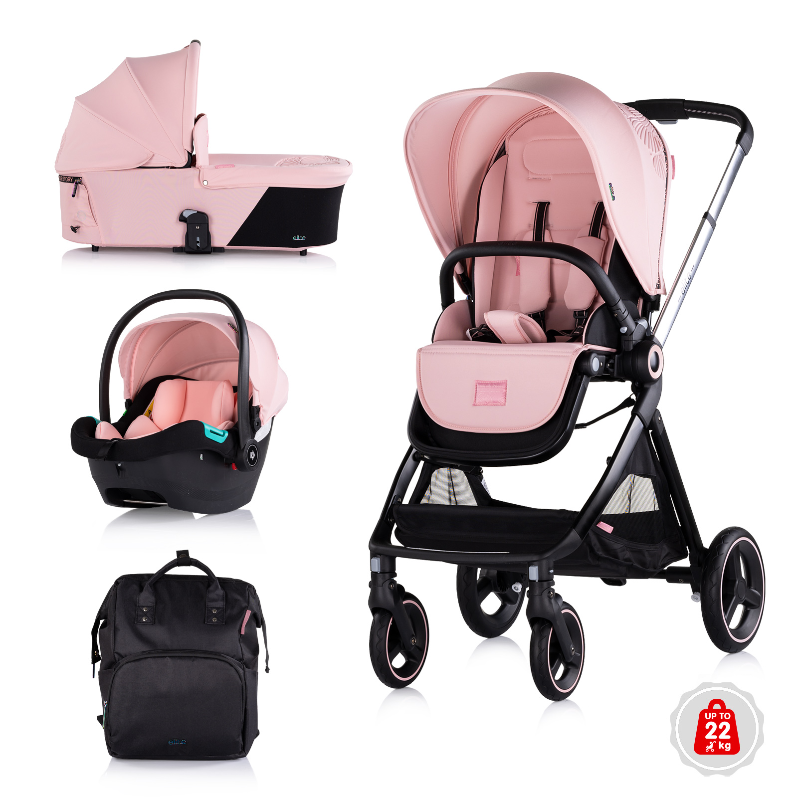 Детска количка 3 в 1 Chipolino Elite до 22 кг, розов маршмелоу