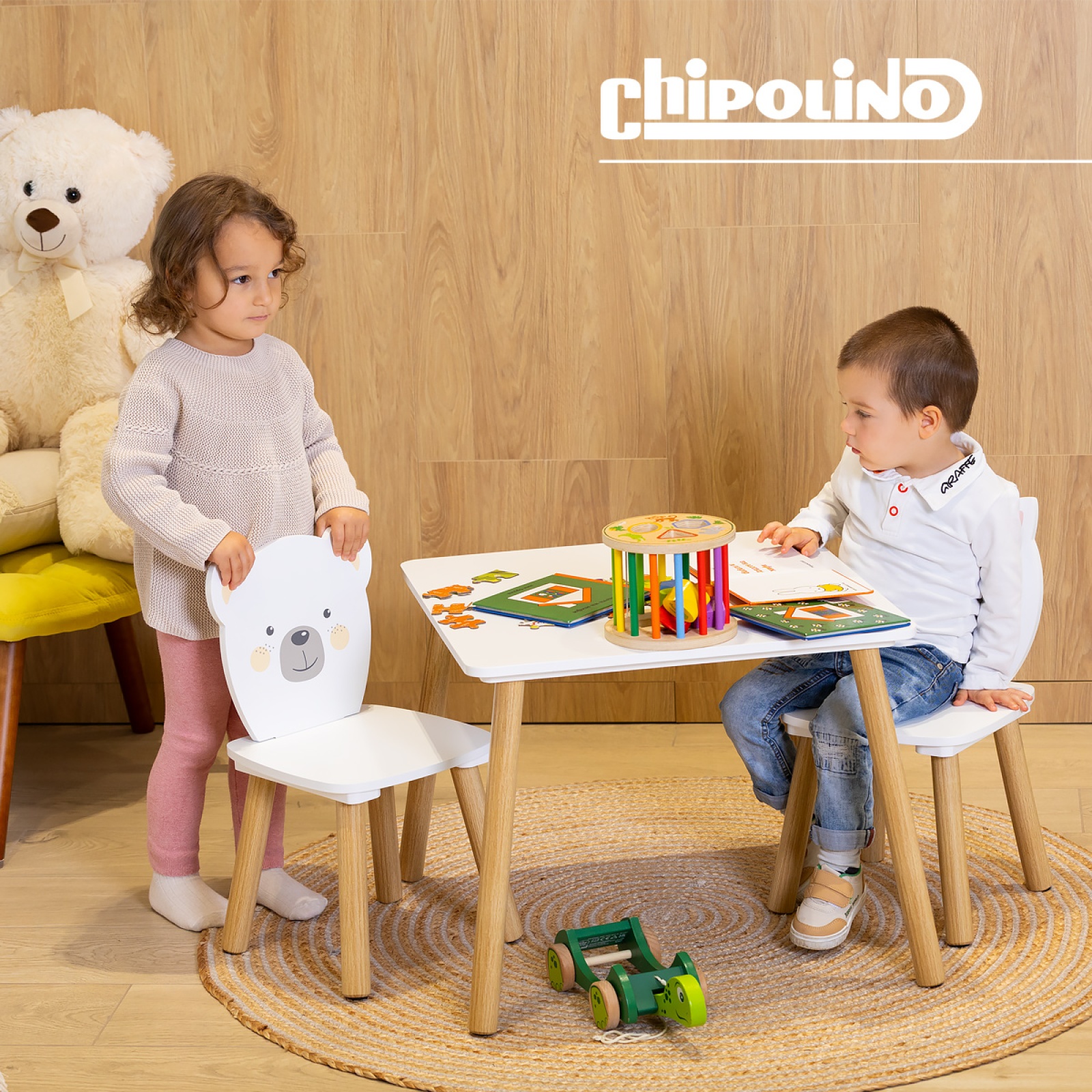 Детска маса с два стола Chipolino, мече и коте — снимка 3